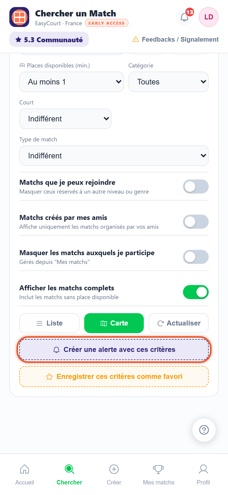 Bas de l'écran de recherche : le bouton « Créer une alerte avec ces critères », actif une fois la ville et la date renseignées