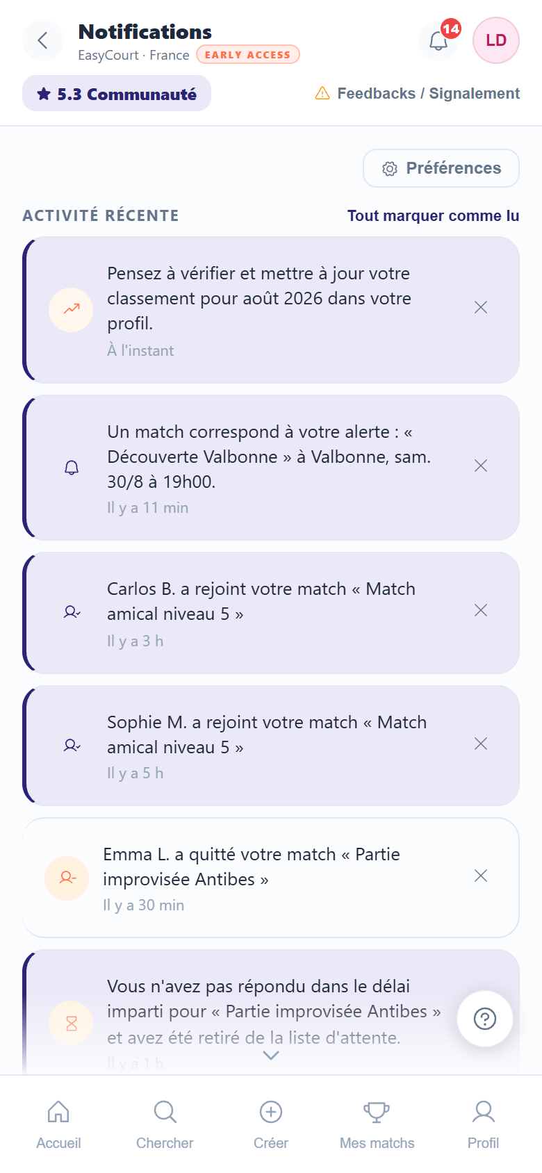 Fil des notifications : « Un match correspond à votre alerte : Découverte Valbonne à Valbonne, samedi 30/8 à 19h00 »