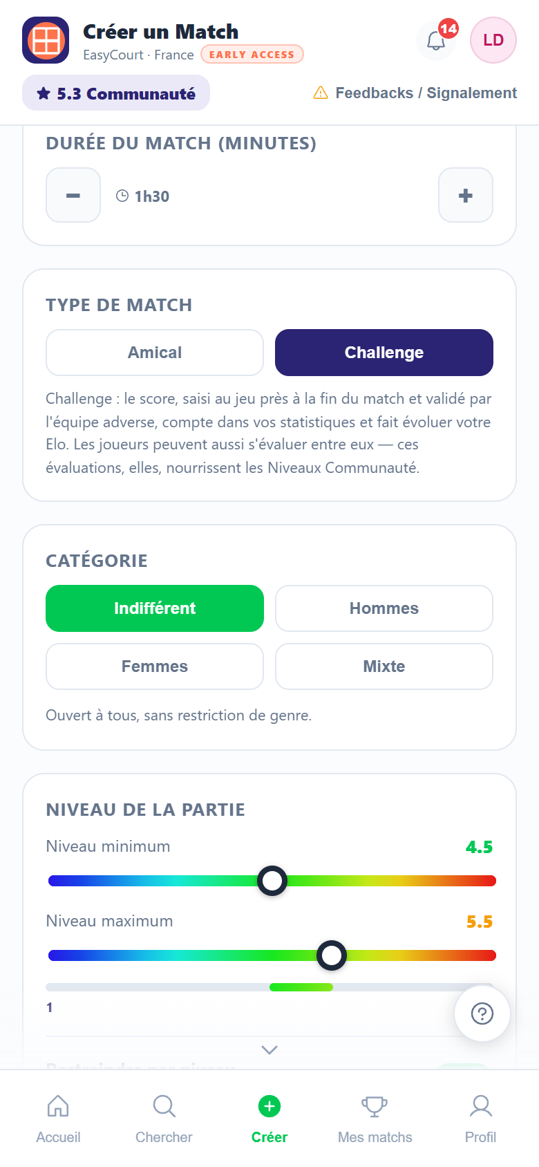 Écran de création d'un match, section « Type de match » : les deux options Amical et Challenge, Challenge sélectionné, avec l'explication du mode en dessous