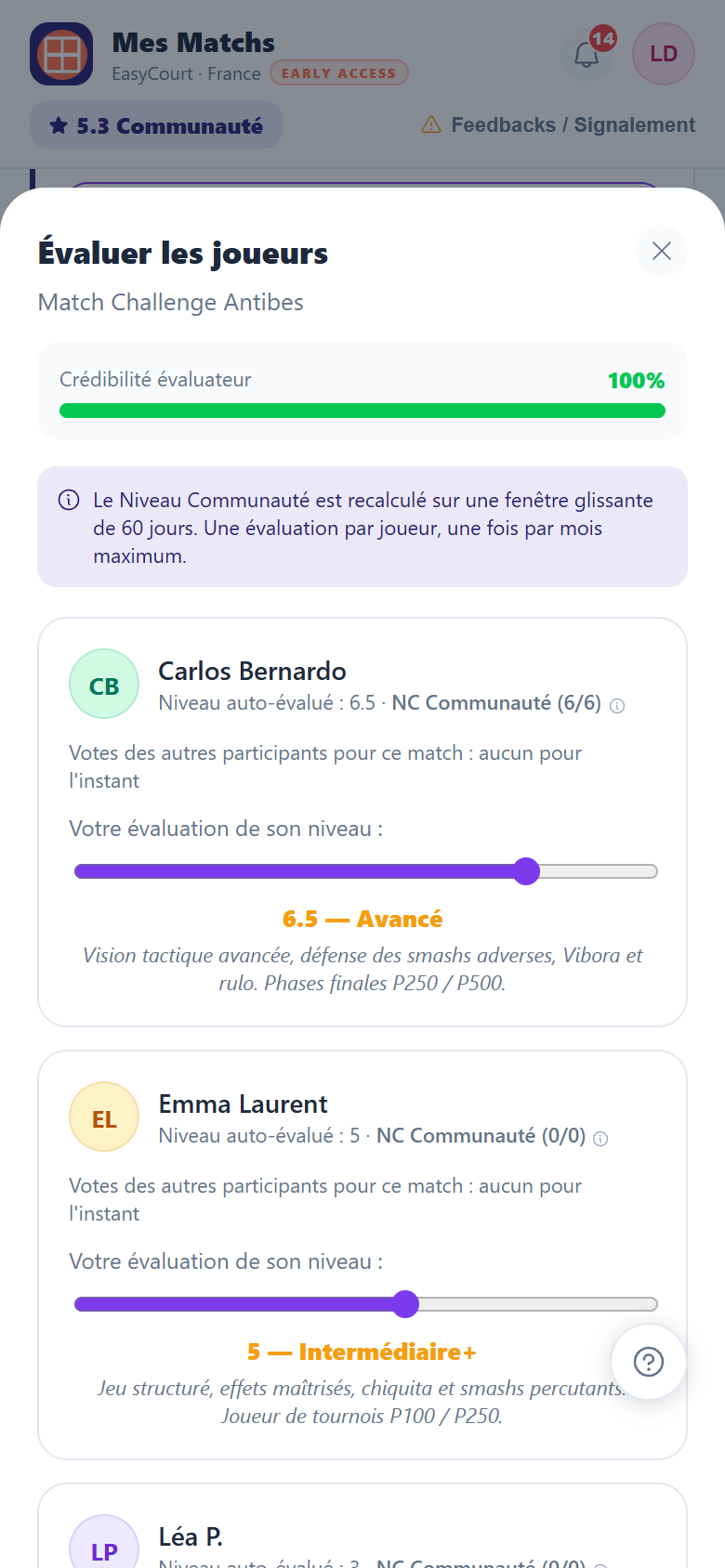 Écran d'évaluation des joueurs après un Challenge : un curseur de niveau par joueur, avec la description du palier atteint