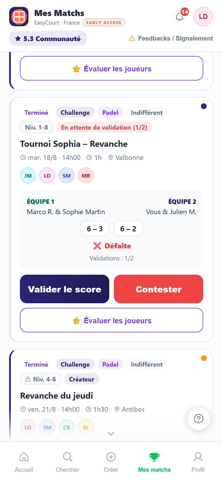 Fiche d'un match Challenge terminé : score 6-3 6-2, mention « en attente de validation (1/2) », boutons Valider le score et Contester