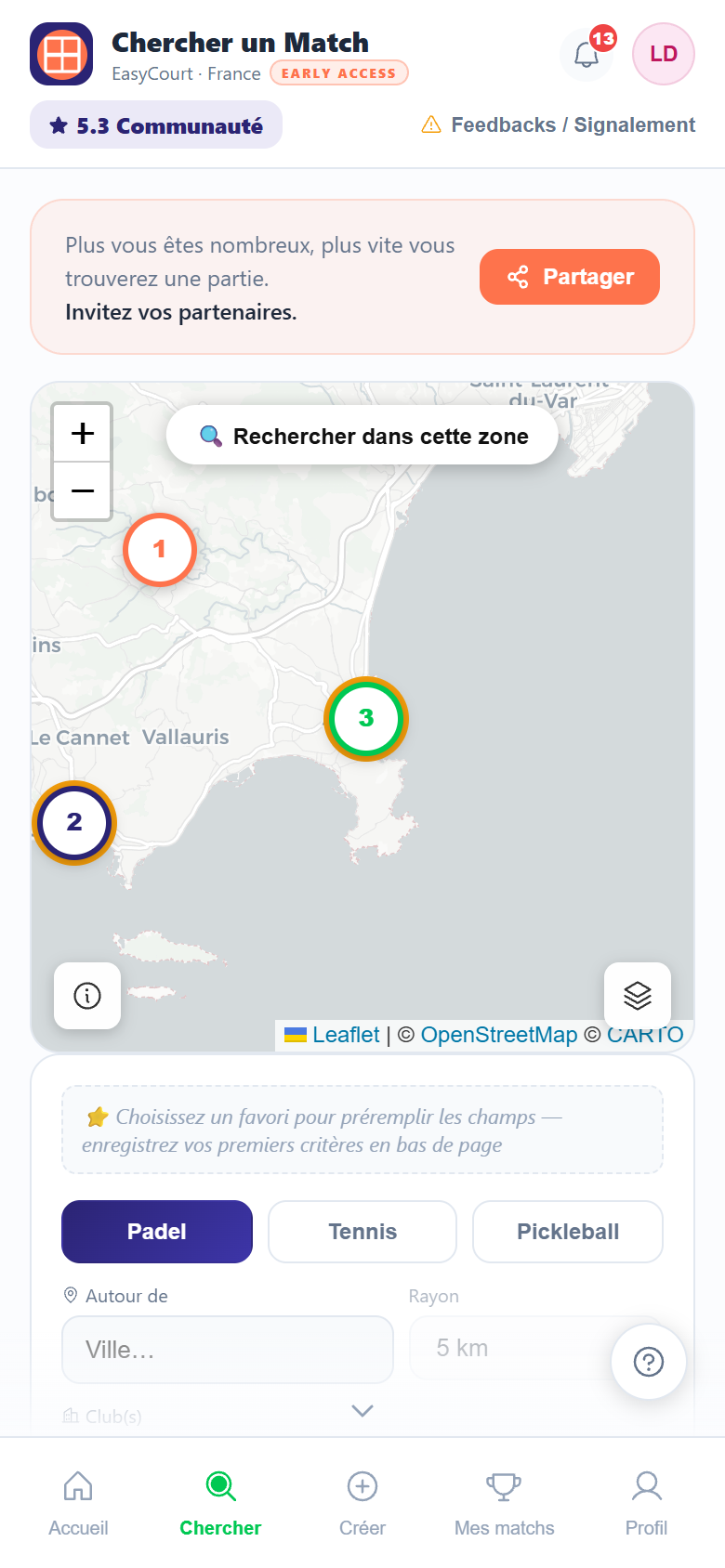 Carte de la Côte d'Azur avec le nombre de matchs par club : trois à Antibes, deux à Cannes, un à Valbonne