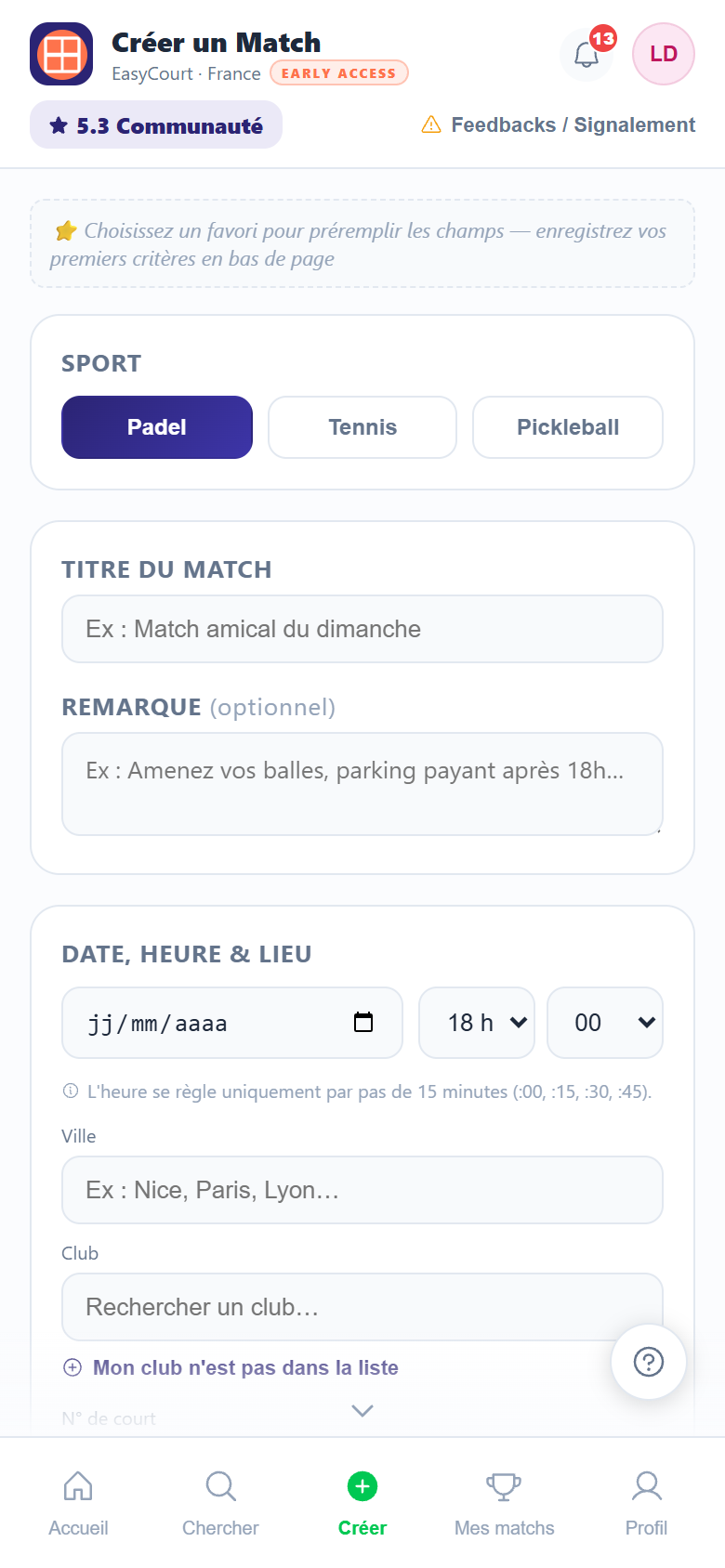 Écran de création d'un match : choix du sport, du titre, de la date et du lieu